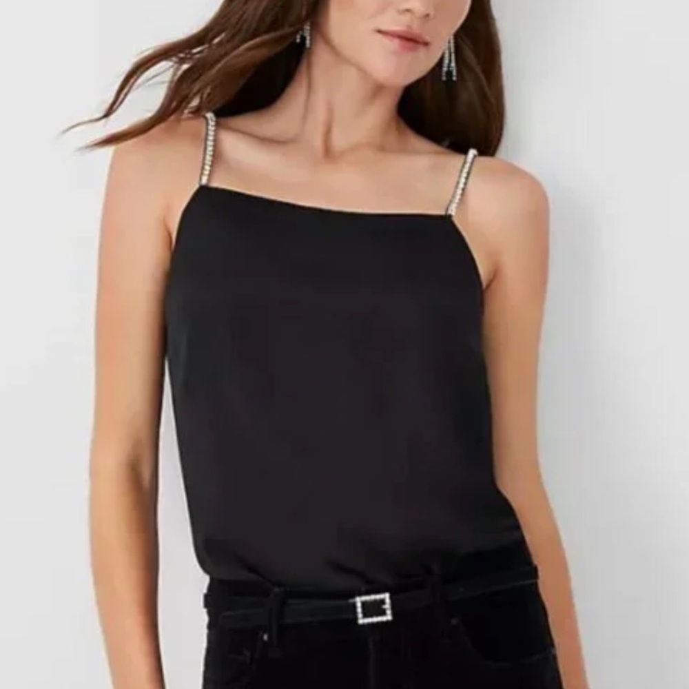 ☘️NWT Ann Taylor Crystal Strap Satin Cami, black, size XL